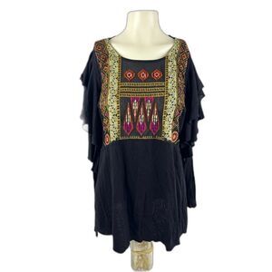 Free people Womens La Cienga Embroidered Long Flutter Sleeve Blouse Top Black L